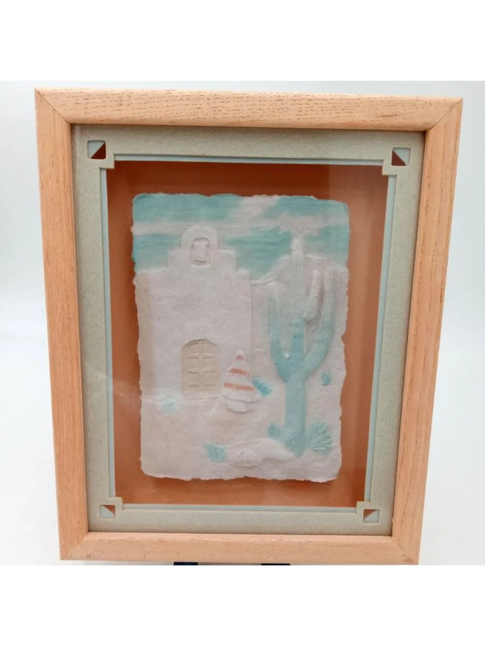 Vintage Southwest Cactus Wall Art Paper Mache Cast Framed Sculpture 1980s Pastel